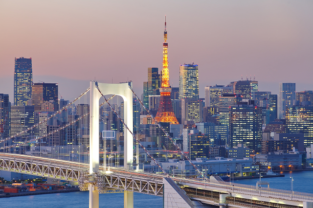 Tokyo Bay at Rainbow Bridge and tokyo tower